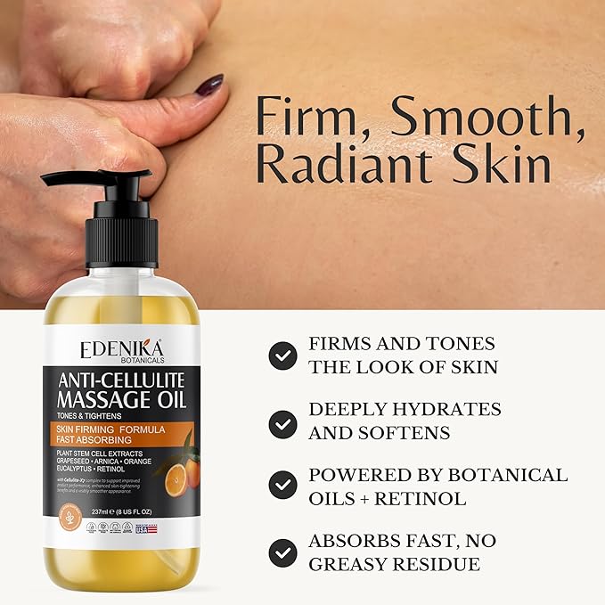 Anti Cellulite Massage Oil for Massage Therapy with Grapeseed Oil, Retinol & Stem Cells, Skin Firming Oil for Body, Legs, Thighs & Butt, Muscle Relief & Hydrates Skin, 2-Pack