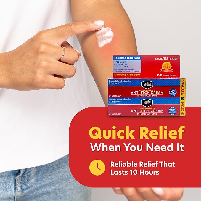 Berkley Jensen Maximum Strength Anti-Itch Cream (4 oz.), with Calming Aloe Vera, 1% Hydrocortisone Itch Relief for Eczema, Psoriasis, Bug Bites, Poison Ivy, Oak and Sumac, 2 oz. Tube (Pack of 2)