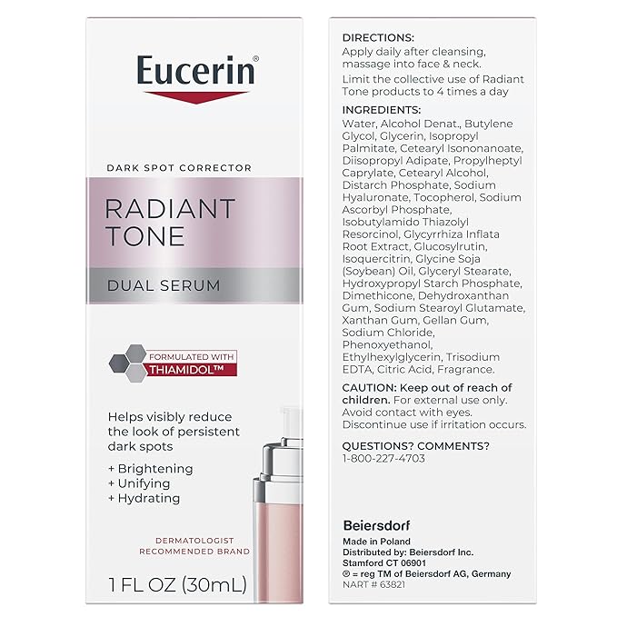 Eucerin Radiant Tone Dual Serum Dark Spot Corrector, Dark Spot Serum with Thiamidol and Hyaluronic Acid, Helps Visibly Reduce the Look of Dark Spots, Holiday Gifts for Self Care, 1 Fl Oz Bottle