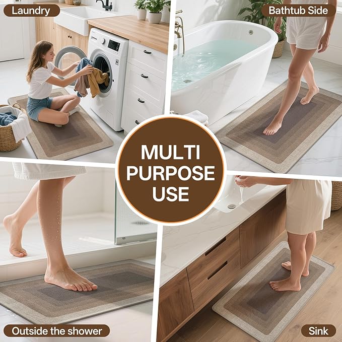 Non Slip Bath Mat Bathroom Rugs, Quick Dry Super Absorbent Washable Shower Bath Mats, Rubber Backing Ultra Thin Bathroom Rug Fit Under Door, Brown 20x32