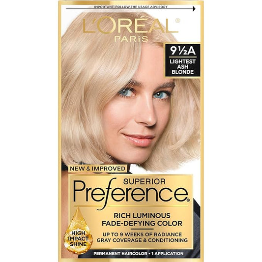 L'Oreal Paris Superior Preference Luminous Fade-Defying Permanent Hair Color, Hair Dye For Up to 9 Weeks of Radiance, Lightest Ash Blonde 9.5A, 1 Hair Dye Kit