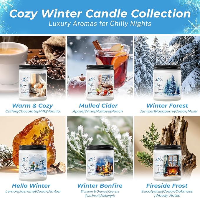 Winter Candle Set | 6 Pack Christmas Scented Candles for Home - Holiday Soy Candle Gift Set for Women Men, Home Decor, Aromatherapy Candles Scents of Hello Winter/Forest/Cider/Warm/Fireside/Bonfire