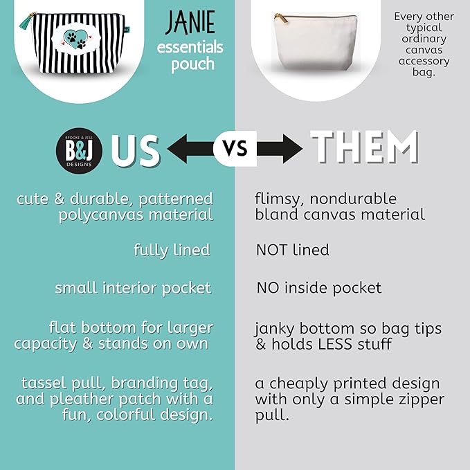 Brooke & Jess Designs Paw Janie Pouch Gifts for Women Striped Makeup Bags Cosmetic Bag Travel Toiletry Makeup Pouch Pencil Bag with Zipper Best Dog Cat Mom Birthday Mother Gifts