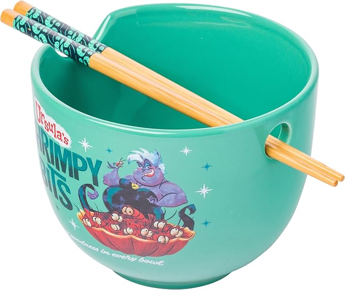 Silver Buffalo Disney Villains Little Mermaid Ursula's Shrimpy Bits Ceramic Ramen Noodle Rice Bowl with Chopsticks, Microwave Safe, 20 Ounces, Little Mermaid Ursula's Shrimpy Bits