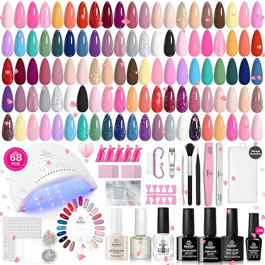 Beetles Gel Nail Polish Kit with U V Light - 68 Pcs 35 Colors Pink Glitter Nude Gel Polish Set Vivid Seasons with Base Matte&Glossy Top Coat Home DIY Nail Stuff Art Set Gifts for Women Teens Girls