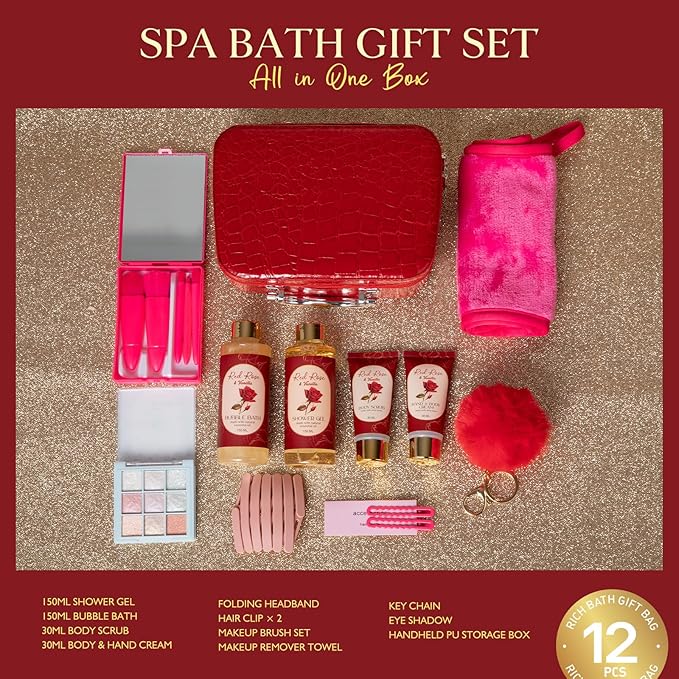 Birthday Gifts for Women Teens Girls, Spa Gift Set, Christmas Gifts for Women, 12 Pcs Rose Vanilla Bath Set, Self Care gifts Bag Makeup Cosmetic Bag, Spa Kit for Teenage Gifts, Daughter Gift Set