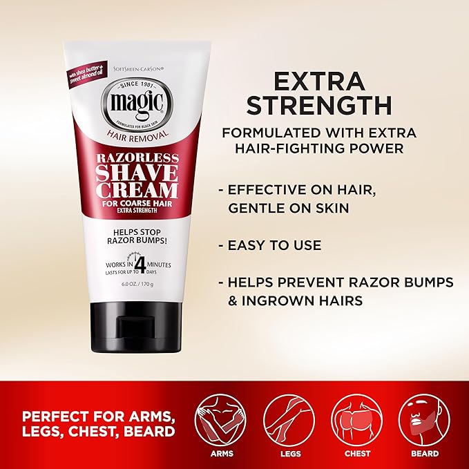 SoftSheen-Carson Magic Razorless Shaving Cream, Depilatory Hair Removal Cream for Body Hair, Extra Strength, Works in 4 Minutes for, 6 oz