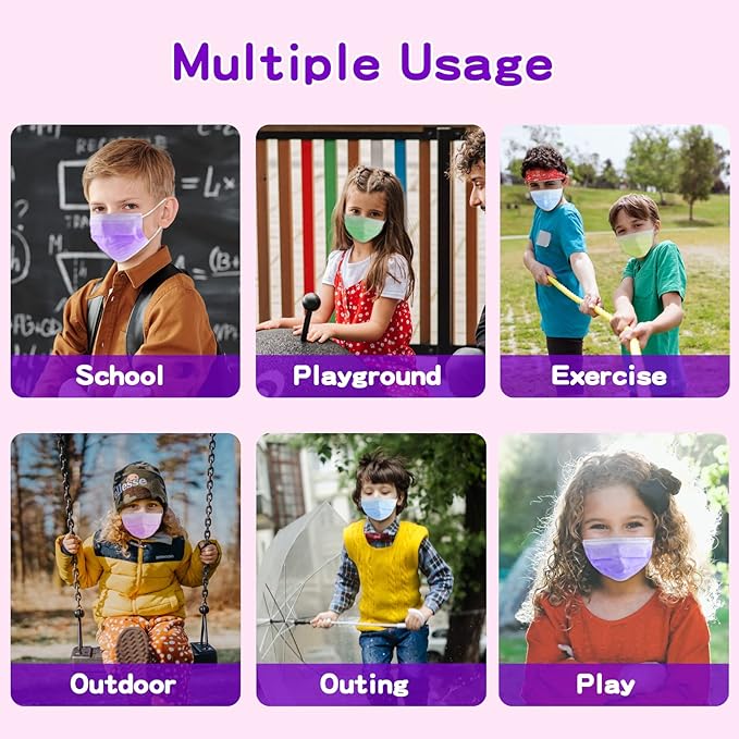 Rasav Kids Disposable Face Masks,3 Ply Kids Masks Disposable Breathable Colorful Cute Face Masks for Children, Girls & Boys