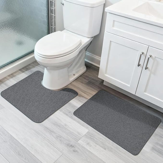 Bathroom Rugs Set 2 Pieces,Thin Bathroom Mats,Toilet Rugs,Quick Dry,Non-Slip,Machine Washable,Low Pile,Absorbent Bath Mats,Shower,Sink,Home Decor Accessories.Dark Grey,1'5"x2'3"+1'8"x2" U Shape