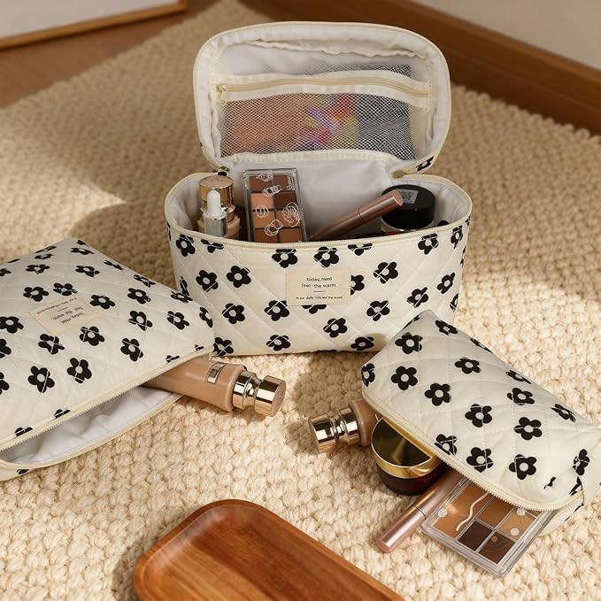 3pc Makeup Bag Set, Quilted Makeup Bag Set, Large Floral Cosmetic Bag for Women, Cute Cotton Makeup Bags, Flower Travel Toiletry Organizer Bag (Black Flowers)