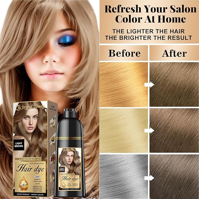 Natural Color Hair Dye Shampoo 3 IN 1, Instant Hair Coloring, Gray Coverage for Men & Women, Beard Dye Vegan Ammonia Free & Paraben-Free, Champú Para Canas Mujer & Hombre (LIGHT BROWN)