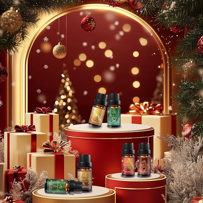 Christmas Essential Oil Set | 6 Pack Holiday Fragrance Oils for Diffuser, Candle Making | Christmas Tree, Spice, Gingerbread, Apple Cider, Candy, Cranberry | Aromatherapy Gift Set for Home & Women