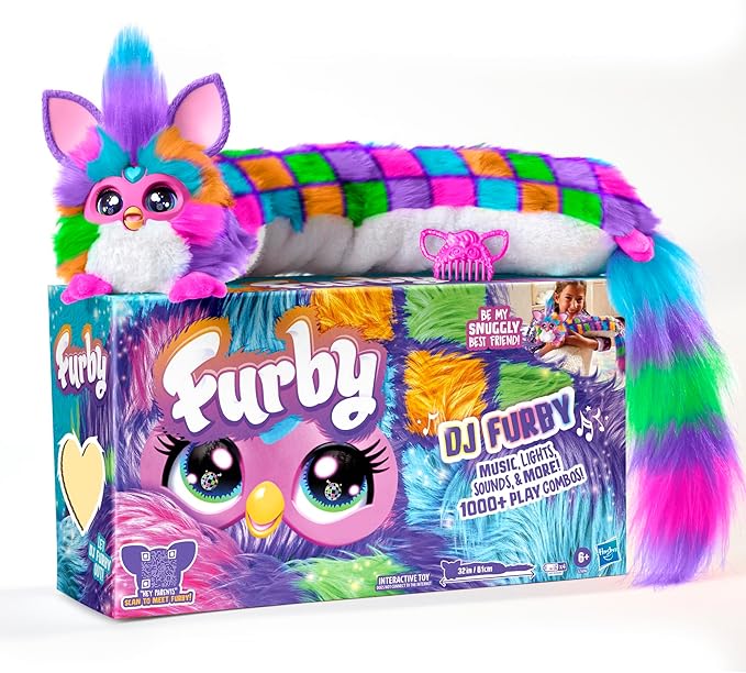 FURBY DJ Interactive Toy, Neon Star, Snuggly Electronic Plush, Music, Lights, Motion, & Games, Speaks English & Furbish, 32 in Long, 6+ Years (Amazon Exclusive)