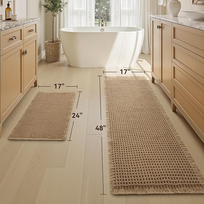 Upgraded Waffle Bath Mat Set of 2, Super Absorbent Non Slip Bath Mats for Bathroom Floor, Machine Washable Boho Bathroom Rugs Set 2 Piece with Tassels, Soft Bathroom Mat Set, 17" x 24" Plus 17" x 48"