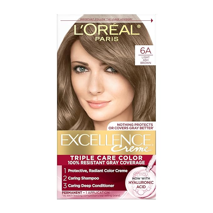 L'Oreal Paris Excellence Crème Permanent Hair Dye, Triple Care Hair Color with Pro-Keratine Complex for 100% Gray Hair Coverage, 6A Light Ash Brown, 1 Kit