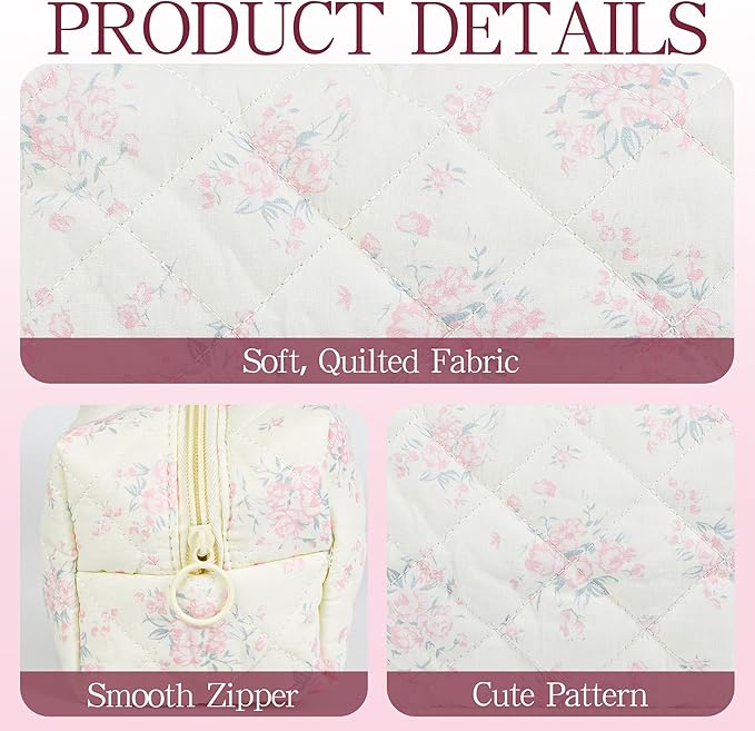Quilted Makeup Pouch,Cotton Puffy Makeup Bag, Coquette Cosmetic Bag for Women and Girls, Aesthetic Organizer Bag, Cute Flower Travel Toiletry Bag