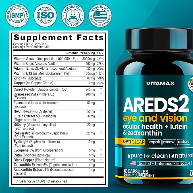 AREDS 2 Eye Vitamins - Lutein, Zeaxanthin, Bilberry, Astaxanthin Mineral Vision Supplement - Supports Eye Strain, Dry Eyes, Pressure, and Vision Health - Made in USA - 60ct