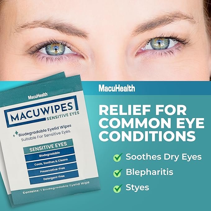 MacuHealth MacuWipes Sensitive - Pre-Moistened Eyelid Wipes for Dry, Sore & Gritty Eyes, Alcohol-Free, Rinse-Free Formula with Tea Tree Oil & Micellar Water, Individually Wrapped - 40 Count