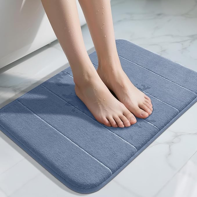 Yimobra Memory Foam Bath Mat, Super Soft Absorbent Bathroom Rug Non Slip, Quick Dry, Machine Washable Floor Carpet for Tub Shower, Home Decor Accessories, 24x17, Denim Blue