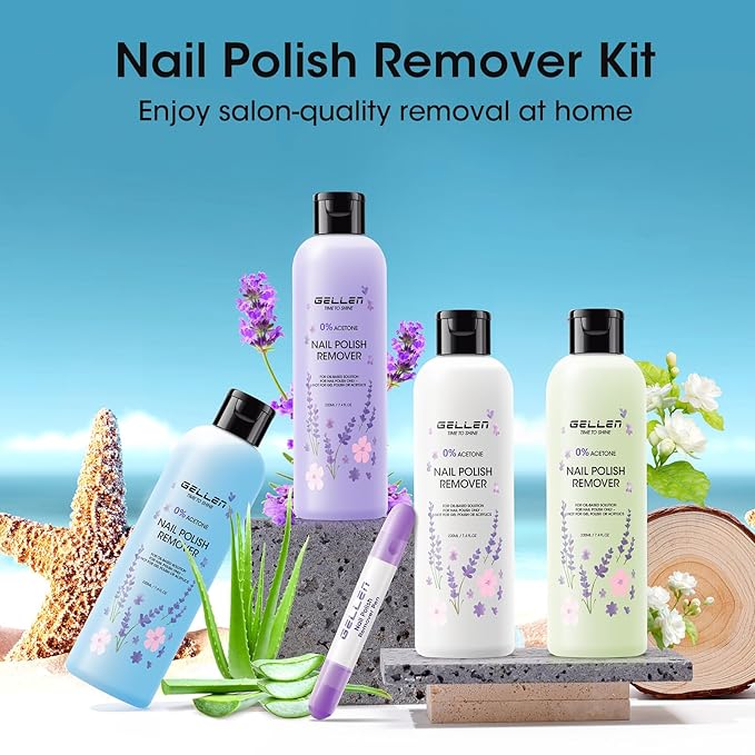 Gellen Nail Polish Remover Set Lavender Scent – Formula with Aloe & Vitamin E, Includes Precision Corrector Pen & 3 Replacement Tips, Acetone-Free & Non-Drying for Regular Nail Polishes