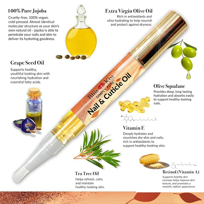 Bliss Kiss | 1 Pumpkin Spice Latte Fragrance | Nail Oil Cuticle Pen w/Vitamin E & Jojoba⏤Nail Strengthener Nail Growth Serum for Brittle Peeling Breaking Thin Nails