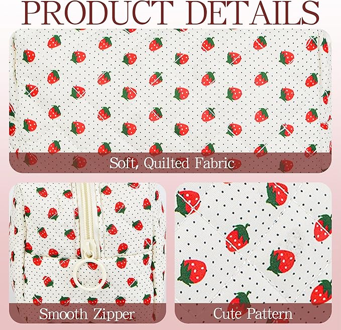 Quilted Makeup Pouch,Cotton Puffy Makeup Bag, Coquette Cosmetic Bag for Women and Girls, Aesthetic Organizer Bag, Cute Flower Travel Toiletry Bag