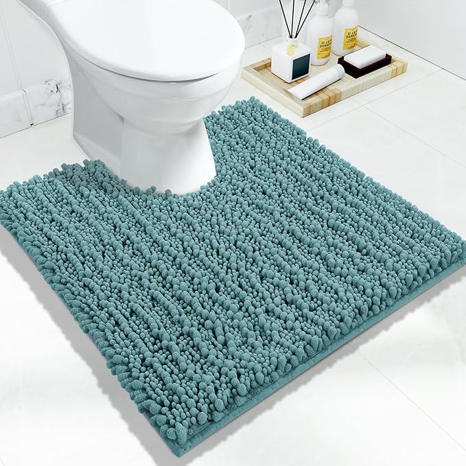 Yimobra Toilet Rug U Shaped Washable 24x20 Inch - Ultra Soft Absorbent Chenille Bath Rugs for Toilet, Quick Dry & Machine Washable, Non Slip Contour Bathroom Mat, Teal Blue