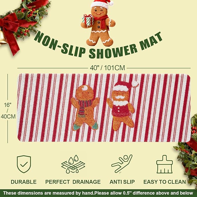 Christmas Non-Slip Bathtub Mat, Anti Slip Shower Mat, Fast Drying Bathtub Mats, Foot Scrubber Mat for Tub, Floor, Bathroom, Kitchen, Home, Hotel (Gingerbread Santa, 40"x16")