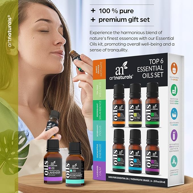 ArtNaturals Aromatherapy Top-6 Essential Oil Set - (6 x 10ml Bottles) - 100% Pure of The Highest Therapeutic Grade - Premium Gift Set – Lavender, Peppermint, Tea Tree, Eucalyptus
