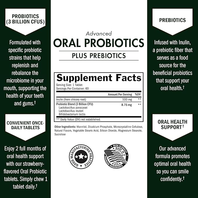 Oral Probiotics Supplement with Prebiotics - Supports Healthy Teeth Gums Mouth and Fresh Odorless Breath for Adults - Strawberry Flavored Chewable Dental Probiotic (60 Tablets, 60 Day Supply)