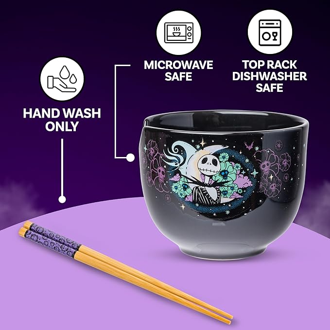 Silver Buffalo Disney Nightmare Before Christmas Starry Night Jack Skellington Ceramic Ramen Noodle Rice Bowl with Chopsticks, Microwave Safe, 20 Ounces