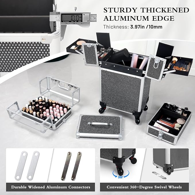 4 in 1 Rolling Makeup Train Case Professional Cosmetic Trolley Cart Travel Nail Cart Organizer with Wheels Transparent Acrylic Panel for Makeup Hair Stylists Nail Tech (Black Crystal)