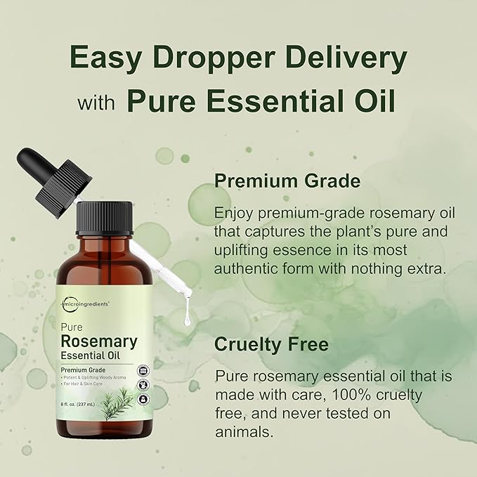 Rosemary Essential Oil for Hair, Scalp & Skin, 8 fl oz – 100% Pure & Natural with Dropper | Aromatherapy, Diffuser, Soap, Candle & Massage Use | Woody Herbal Aroma, Cruelty-Free