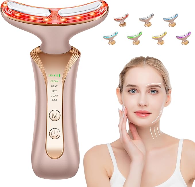7 in 1 Multifunctional Facial Massager, Red Light Therapy for Face with 7 Modes, Face Lift Device, Portable Facial Massager for Wrinkles,Neck&Skin Care-Pink