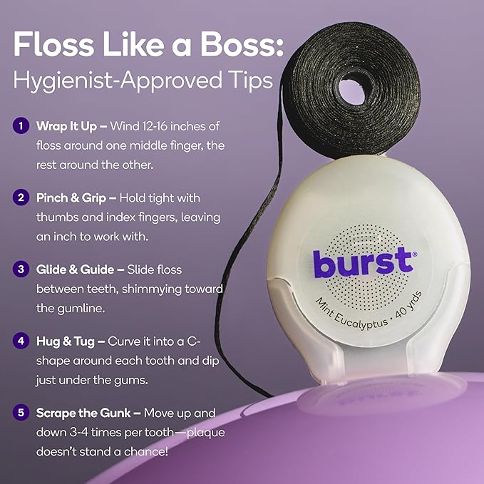 BURST Expanding Dental Floss (Mint Eucalyptus/240 Yards) | Stain Absorbing & Woven Teeth Floss with Xylitol Coating to Fight Cavities | Vegan | Paraben Free Expanding Floss