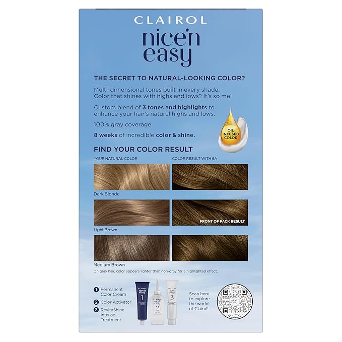 Clairol Nice'n Easy Permanent Hair Dye, 6A Light Ash Brown Hair Color, Pack of 1
