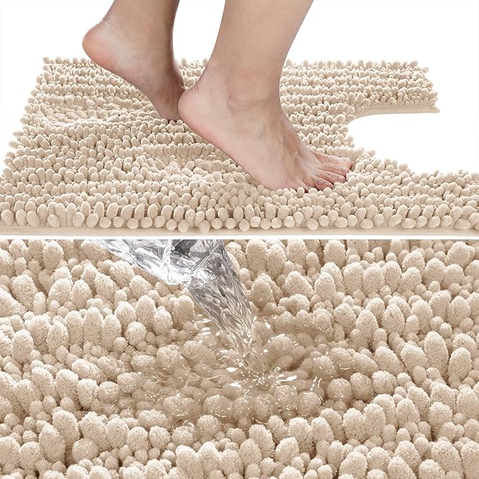 Yimobra Toilet Rug U Shaped Washable 24x20 Inch - Ultra Soft Absorbent Chenille Bath Rugs for Toilet, Quick Dry & Machine Washable, Non Slip Contour Bathroom Mat, Light Brown