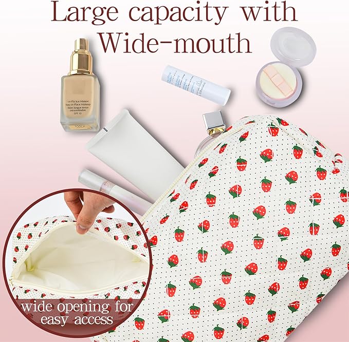 Quilted Makeup Pouch,Cotton Puffy Makeup Bag, Coquette Cosmetic Bag for Women and Girls, Aesthetic Organizer Bag, Cute Flower Travel Toiletry Bag