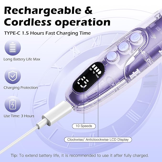 Professional Manicure Pedicure Kit Electric Nail Grinder,10 Speeds Cordless Nail Drill with LED Light, Nail File with LED Display,Wider Grinder for Toenail Hand Feet Care for Women Men