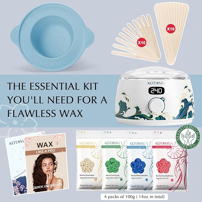 KOTAMU Waxing Kit for Women & Men, Wax Warmer for Hair Removal, Digital Wax Kit with Silicone Pot，Ideal for Face Eyebrow Arm Legs Armpit &Sensitive Skin, Wavi Waxing Machine for Home Salon Use