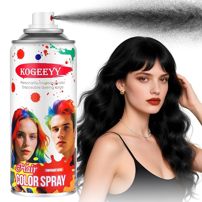 Temporary Hair Color Spray for Kids Women,One-Time Use Black Hair Spray, Washable Temporary Hair Dye, Natural Hair Color Wax, Non-sticky Hair Spray for Cosplay,Party,Christmas,Halloween(Black,4.06Oz)