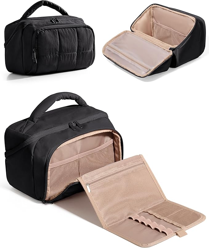 Travel Makeup Bag for Women, Toiletry Organizer with Waterproof Pockets, Puffy Cosmetics Pouch for Makeup Brushes, Skincare & Travel Essentials, Black (Bag only)