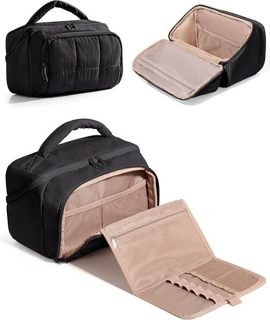 Travel Makeup Bag for Women, Toiletry Organizer with Waterproof Pockets, Puffy Cosmetics Pouch for Makeup Brushes, Skincare & Travel Essentials, Black (Bag only)