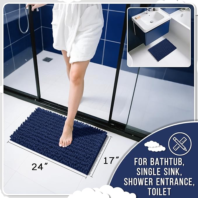 Yimobra Bathroom Rugs Non Slip Washable - Ultra Soft Absorbent Chenille Bath Mat, Quick Dry Shaggy Floor Carpet for Tub Shower, Navy Blue Home Decor Accessories, 24x17 Inch