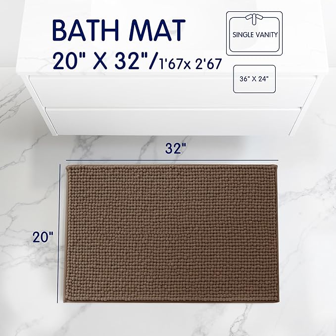 SUBRTEX Bathroom Rugs, 20" x 32" Chenille Bath Rug Soft Short Plush Bath Mat Soft Shower Mat Water Absorbent Shower Mat Quick Dry Machine Washable, Brown