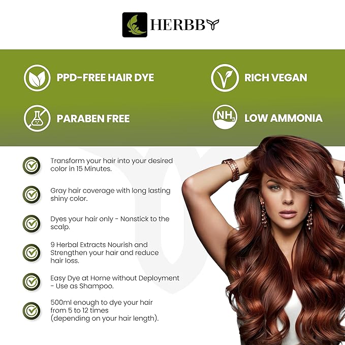 HERBBY Hair Color Shampoo for Gray Hair Coverage&Color Transform with 9 Herbal Extracts –Long Lasting(6-8 Weeks),Shiny,Evenly Colored,Instant Hair Dye Shampoo&Conditioner,500 Ml (AUBURN BROWN COLOR)
