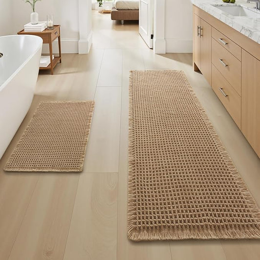 Upgraded Waffle Bath Mat Set of 2, Super Absorbent Non Slip Bath Mats for Bathroom Floor, Machine Washable Boho Bathroom Rugs Set 2 Piece with Tassels, Soft Bathroom Mat Set, 17" x 24" Plus 17" x 48"