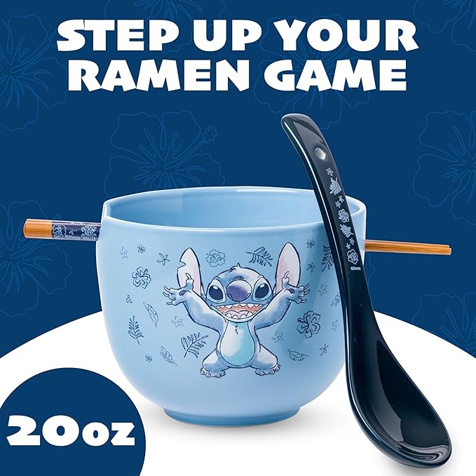 Silver Buffalo Disney Lilo and Stitch Hands Up Leaves and Flowers Ceramic Ramen Noodle Rice Bowl with Chopsticks and Spoon, Microwave Safe, 20 Ounces