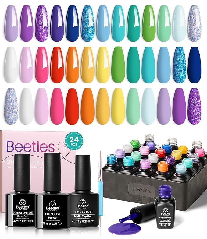 Beetles Christmas Gel Nail Polish Set, 24 Pcs Purple Blue Hot Red Gel Nail Polish Green Glitter Gel Polish Unicorn Collection Soak off UV with Glossy & Matte Top Base Gift for Women