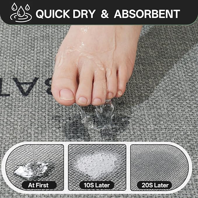 Non-Slip Bath Mat with Upgraded Rubber-Backing, Washable Thin Bath Mats for Bathroom Floor, Absorbent Woven Bathroom Rugs, Quick Dry, Fits Under Door, 16x24, Border Grey